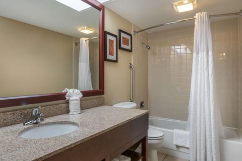 Combined shower/tub, free toiletries, hair dryer, towels