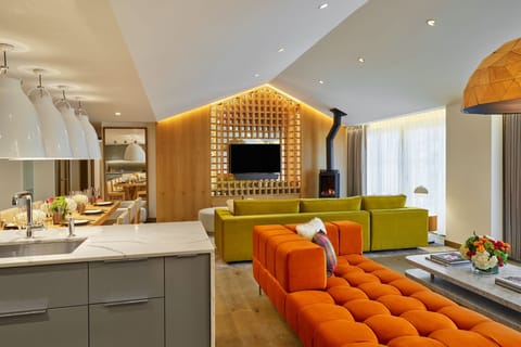 55-inch flat-screen TV with satellite channels, TV, fireplace