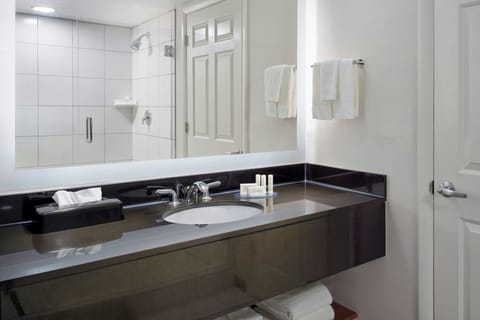 Combined shower/tub, free toiletries, hair dryer, towels