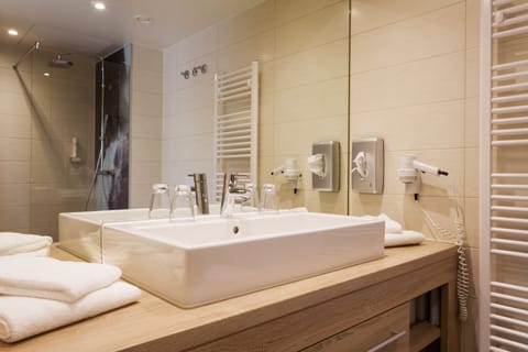 Shower, rainfall showerhead, hair dryer, bathrobes