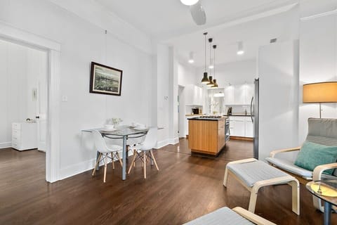 Dining area set for 3, with additional chair stored away to bring out for additional seating