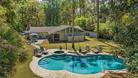 Overhead shot of the large private pool and spa