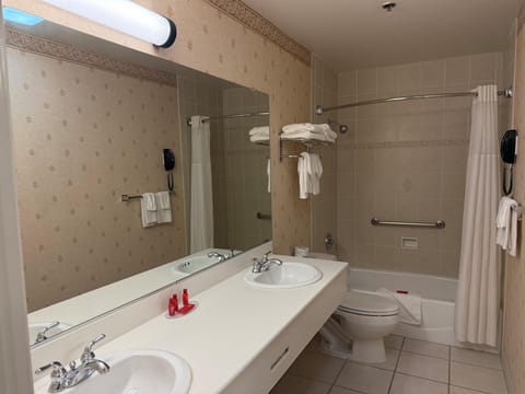 Combined shower/tub, free toiletries, hair dryer, towels