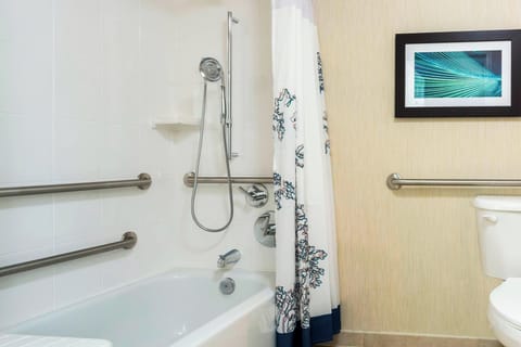 Combined shower/tub, free toiletries, hair dryer, towels