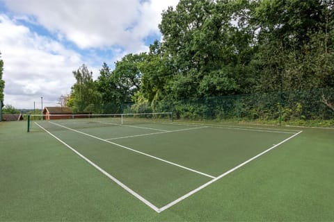 A well-maintained tennis court set within a green landscape, ideal for sports enthusiasts.