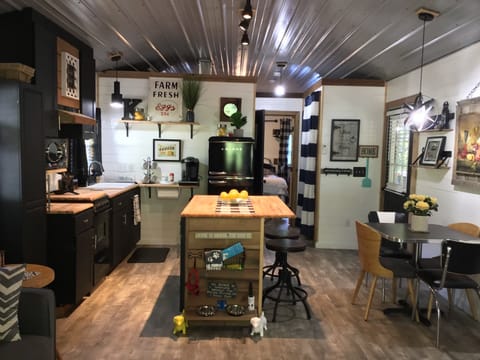 Everything you need in a really neat space,metal ceiling throughout the cabin 