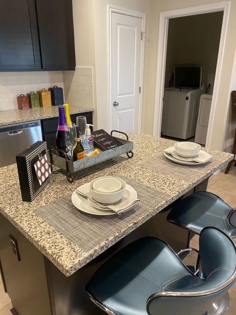 Kitchen area w Island and Lots of Counter Space w Guest Arrival items 
