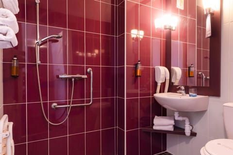 Shower, eco-friendly toiletries, hair dryer, towels