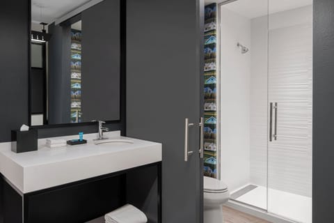 Shower, eco-friendly toiletries, hair dryer, towels