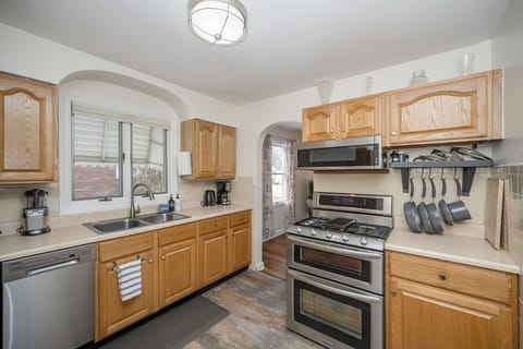 The kitchen has a double oven