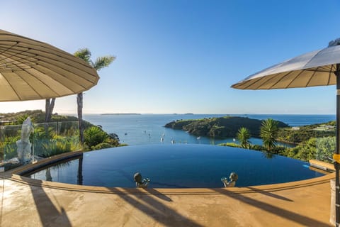 Outdoor pool, pool umbrellas, sun loungers