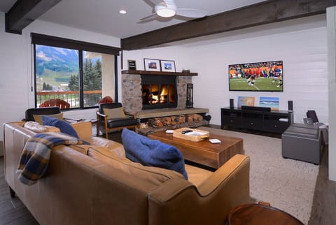 Living area, wood fireplace & smart TV