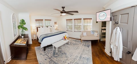 Primary bedroom with king bed with new Zinus foam mattress and Roku Smart TV