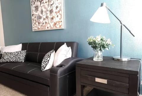 Living woom with lamp lighting and 55" television