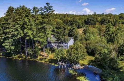 Bird's Eye view of the Lakefront Home, yard, beach, dock and beautiful water!