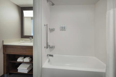 Combined shower/tub, free toiletries, hair dryer, towels