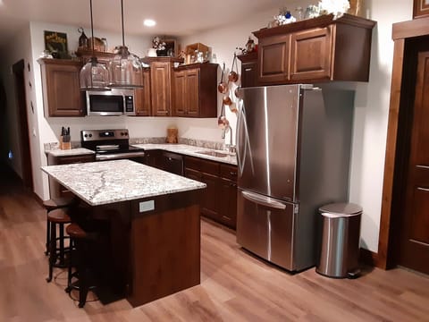 Large kitchen with dishwasher, stove, oven, microwave  and large refrigerator.