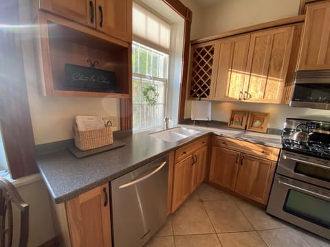 Here you’ll find ground coffee, k-cups, a binder of needed info, and guest book.