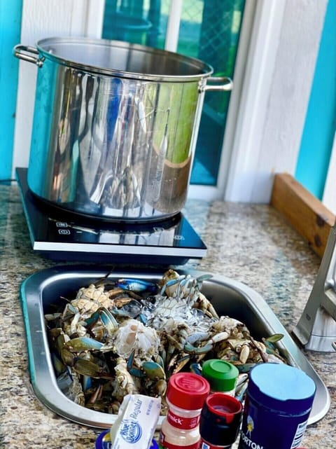 Nice big pot and induction cooktop Available under outdoor kitchen cabinet