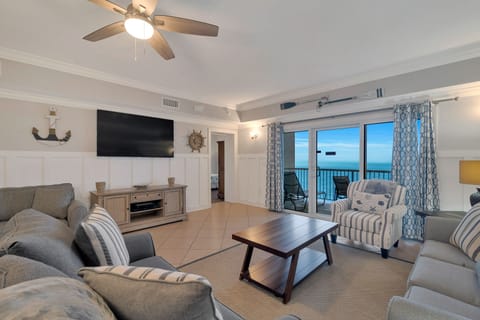 Spacious living room with 75" smart HDTV.  