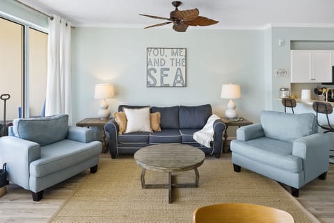beautifully styled living room, pull out sofa & oversized chairs for max comfort