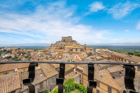 Gaze across the terracotta rooftops of Soriano nel Cimino from a terrace perched high above the valley.