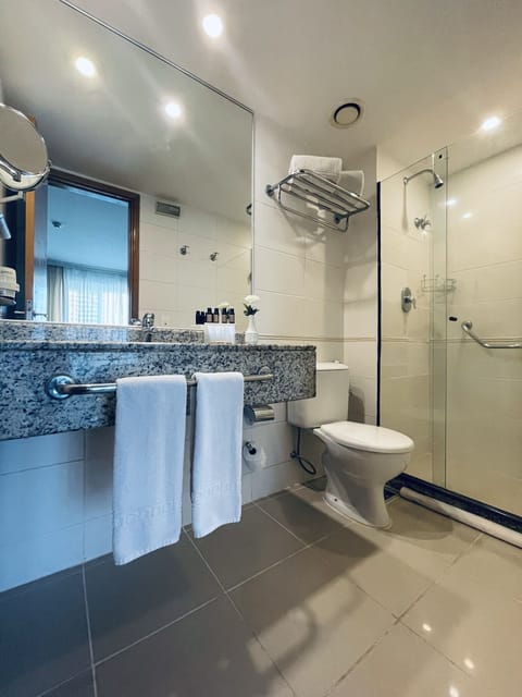 Shower, free toiletries, hair dryer, towels