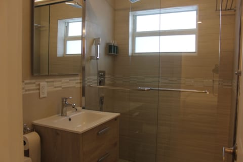 Shower, rainfall showerhead, hair dryer, towels