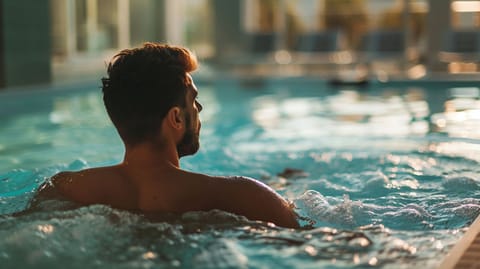 Indoor pool, outdoor pool, pool umbrellas, sun loungers