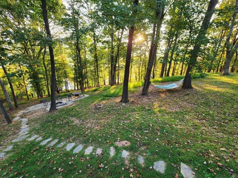Backyard stone path to fire pit and view of river and Riverside Dr.