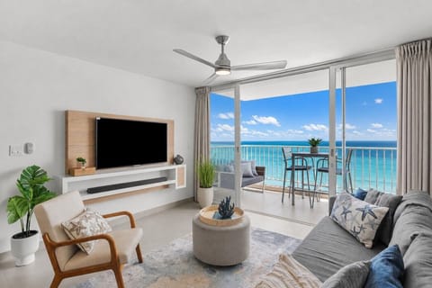 A bright, comfortable living space designed for relaxing after a day at the beach.
