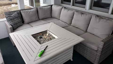 How door gas fire pit for keeping warm.