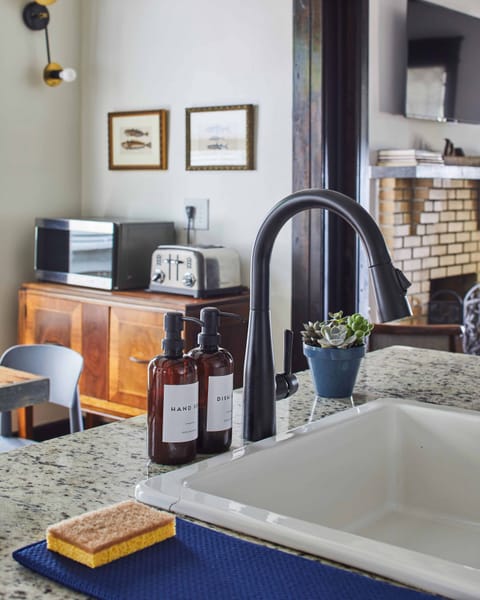 Thoughtfully stocked with soaps, hand lotion, and cleaning supplies to make clean up a breeze.