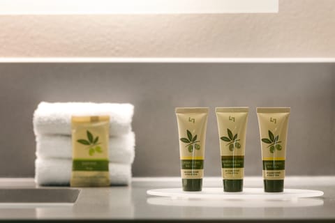 Combined shower/tub, free toiletries, hair dryer, towels