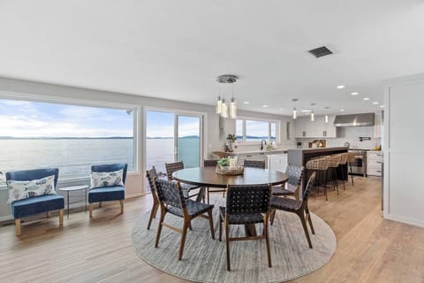 The dining table is right off the kitchen and seats eight