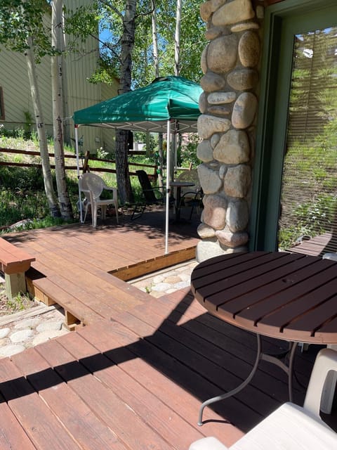 small private patio outside door and extended patio/deck on south side- Oasis!