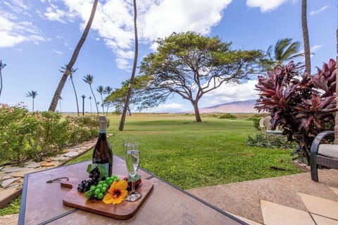 Oceanview lanai with lush lawn seating, ideal for relaxing by the shoreline.