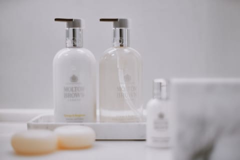 Shower, designer toiletries, hair dryer, slippers