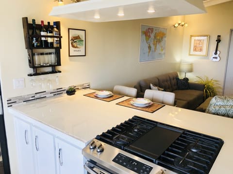 wine rack and meal prep area, deck to the left.