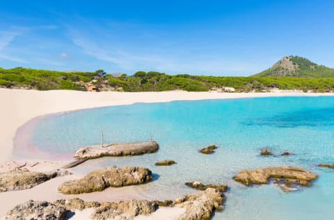 Beach nearby, white sand, sun loungers, beach umbrellas
