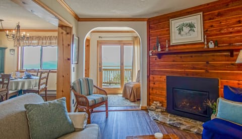 The living room has a gas fireplace.