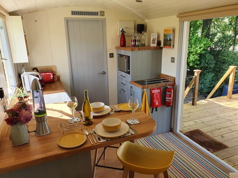 Inside the hut with a fully equipped kitchen