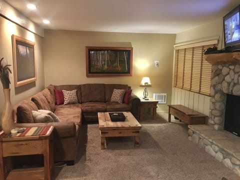 Spacious living room with Roku TV, cable TV, and gas fireplace 