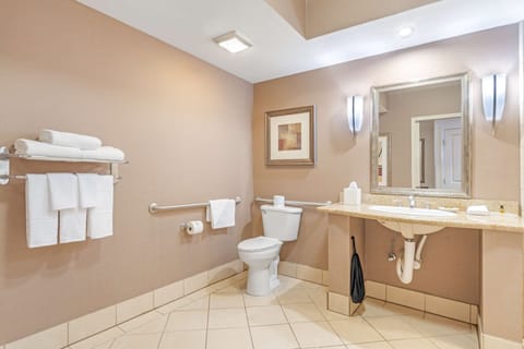 Separate tub and shower, deep soaking tub, free toiletries, hair dryer