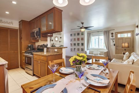 Kitchen, dining room and living room.