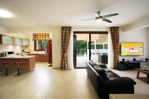 The Lounge, TV stand, Kitchen and sliding door leading to the Outdoor Terrace!