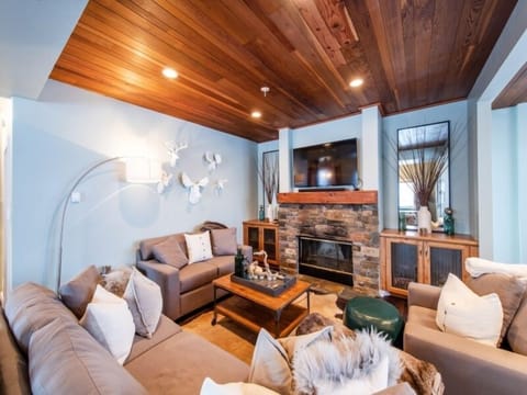 Cozy living space. Instant gas fire, smart TV and large kids games area set to the side. Beautiful views into the woods.