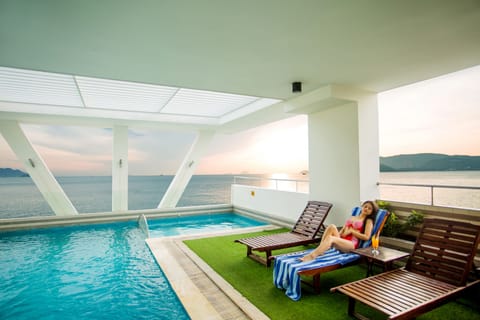 Indoor pool, outdoor pool, sun loungers