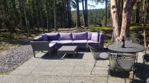 Walk out of the living room onto the patio.