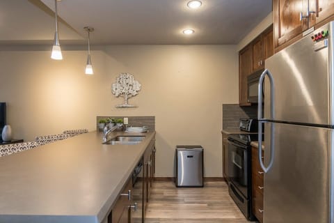 Galley kitchen with full size fridge/freezer, dishwasher, oven and more